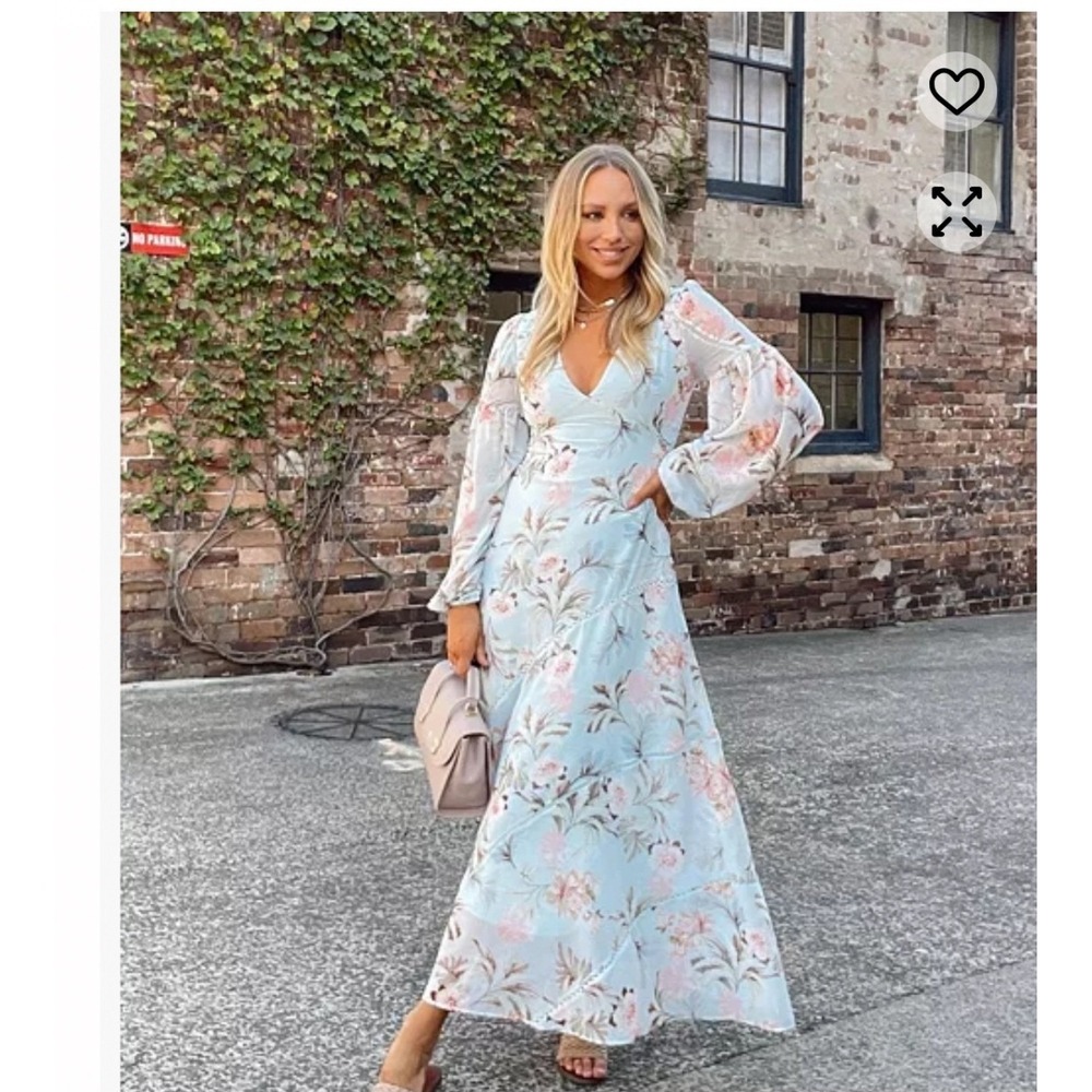 Belle & Bloom Light Blue Floral V-Neck Balloon Sleeve Maxi Dress Size M NEW